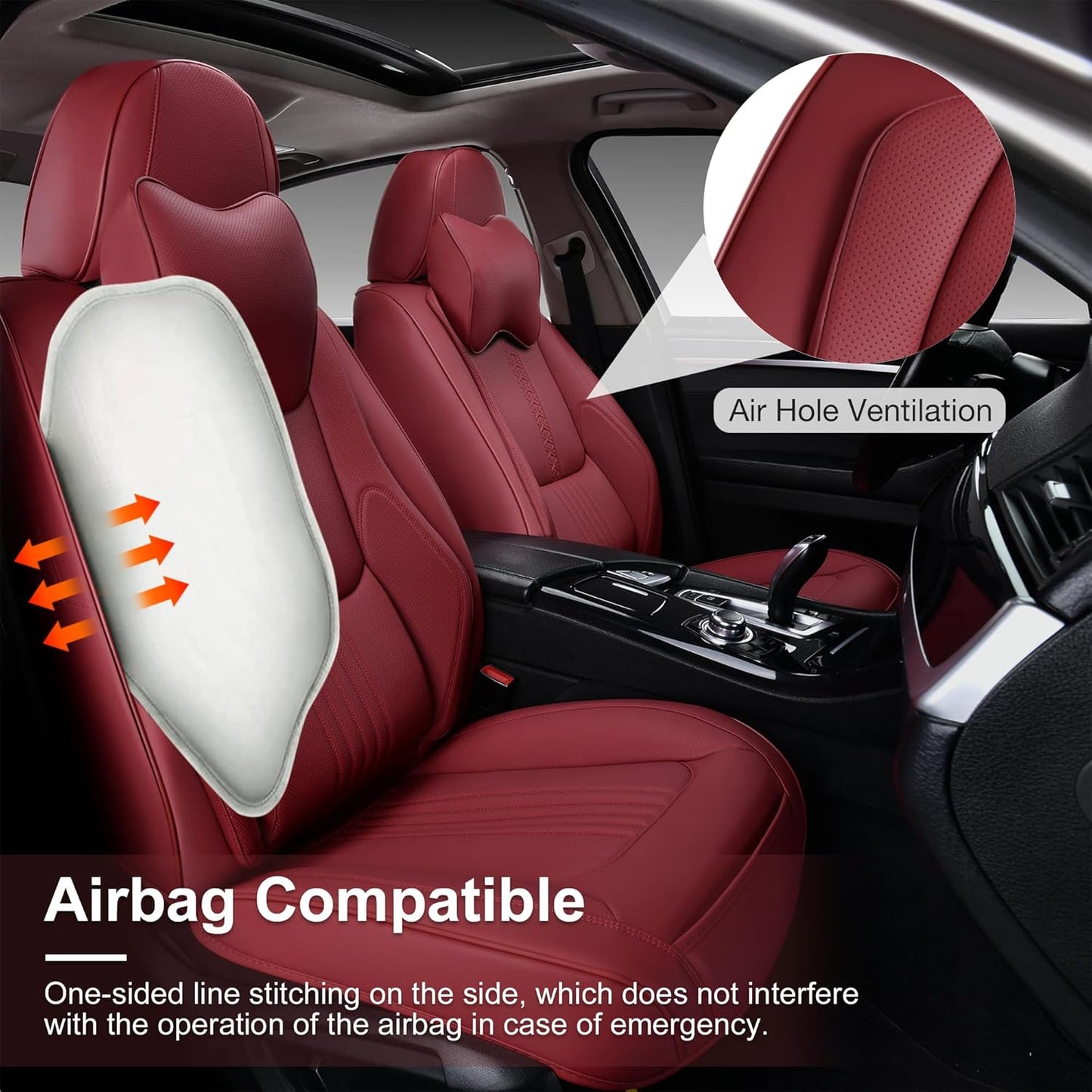 Car Seat Covers Full Set, Front and Rear Seat Covers for Cars, Waterproof Leather Auto Seat Protectors with Head Pillow, Car Seat Cushions Fit for Most Sedans SUV Pick-up Truck, Wine Red