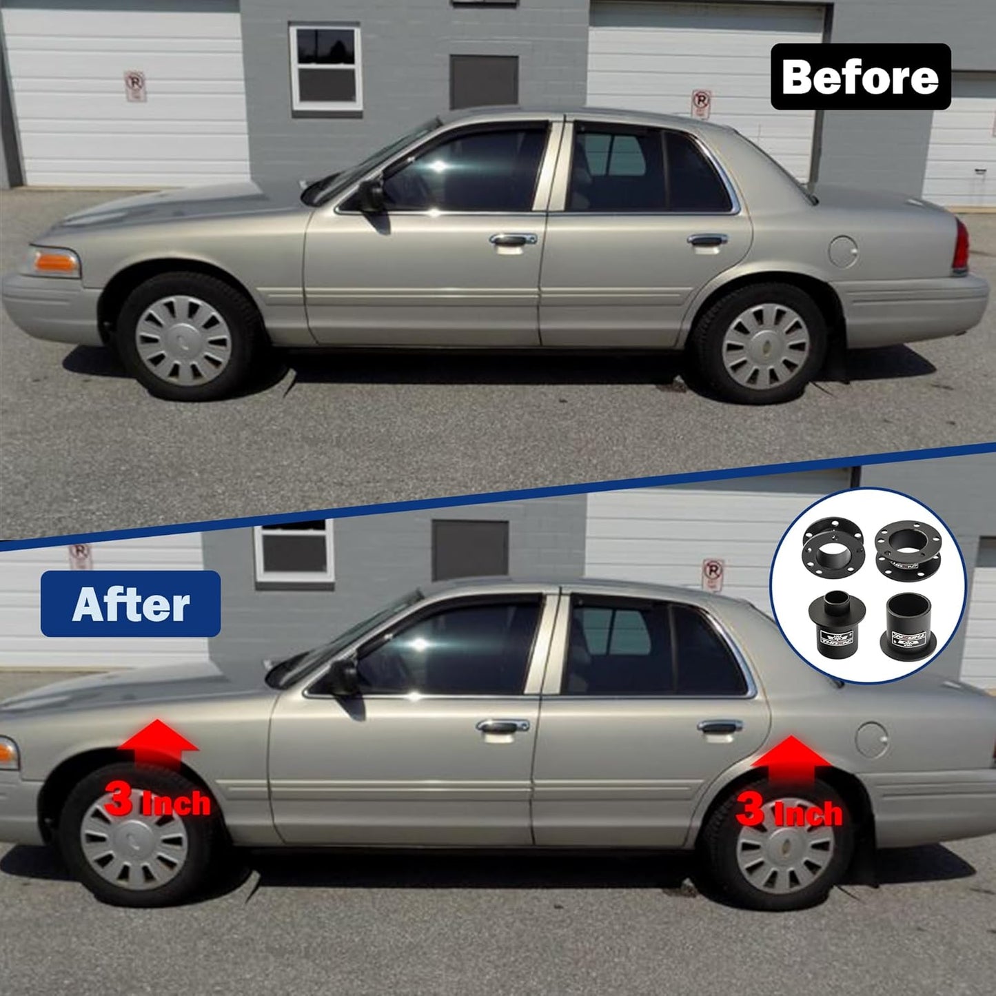 3" Front & 3" Rear Suspension Lift Kit for 2003-2011 Crown Victoria, 2003-2011 Grand Marquis, 2003-2011 Town Car, 2003-2004 Marauder, Balck