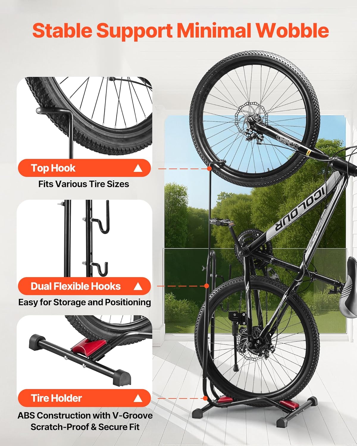 VEVOR Bike Rack, Upright Bike Stand Floor for 16 to 27.5 Inch Mountain & Road Bikes, Vertical & Horizontal Bicycle Stand for Secure Parking and Storage in Garage, Truck Bed, Indoor, Outdoor, Black