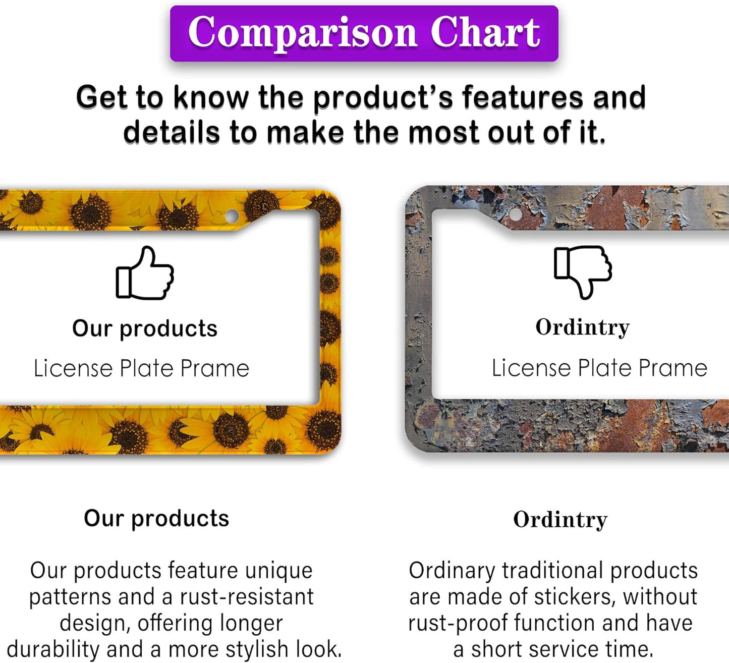 License Plate Protector for Women Yellow License Plate Frames for Men Sunflower Aluminum Metal Car Accessory 2 Pack with Screw Covers Set