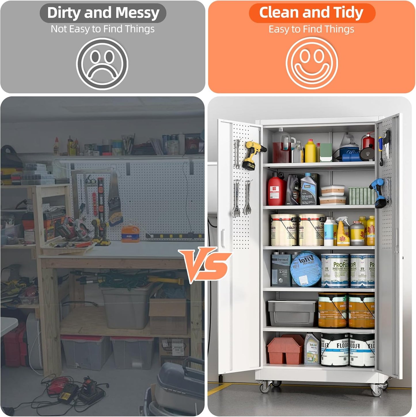 71" H×32" W×16" D Garage Storage Cabinet with Wheels, Locking Metal Storage Cabinet with 5 Adjustable Shelves, 4 Hooks and Pegboard for Garage, Home Office, Kitchen, Assembly Required, White