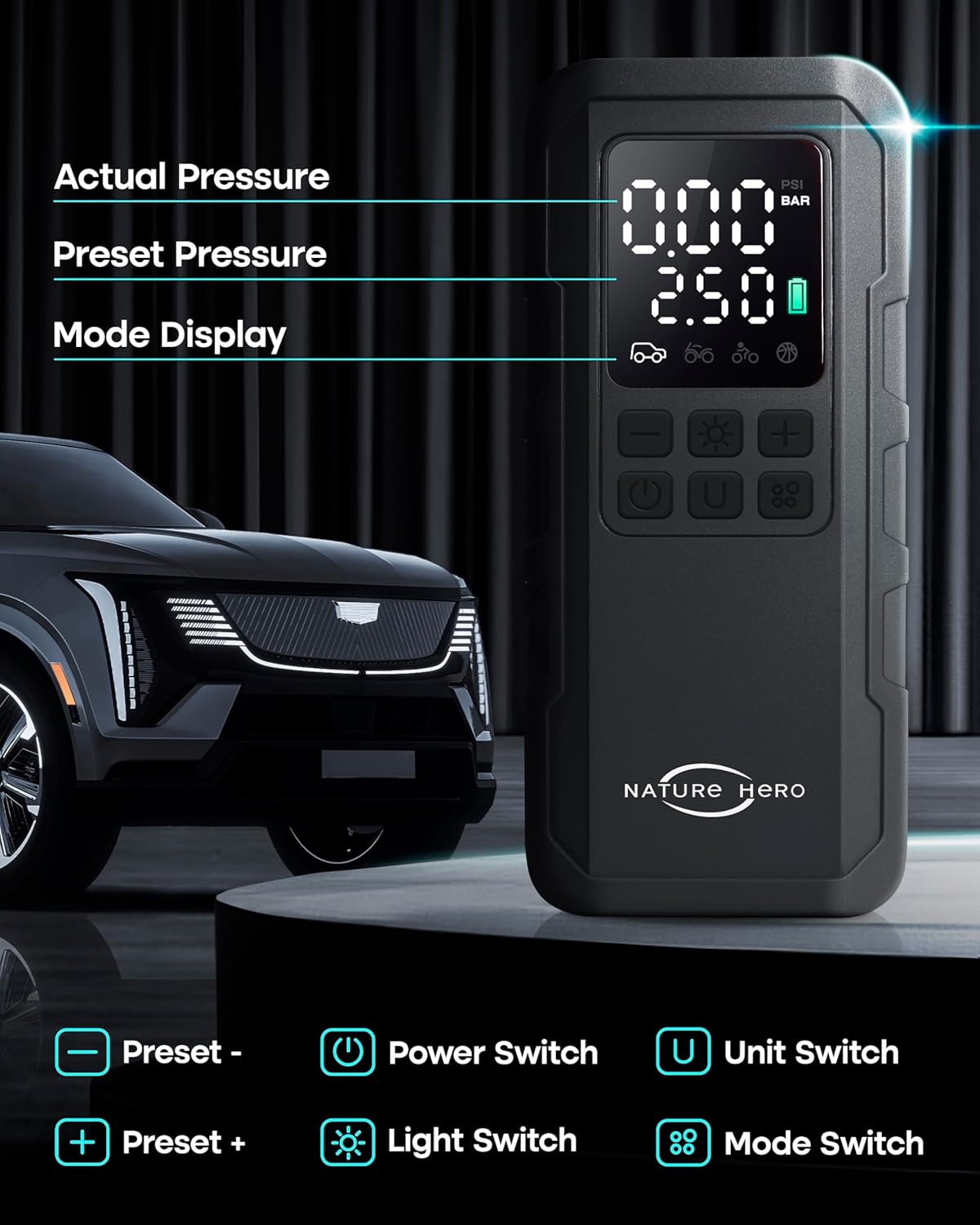 Tire Inflator Portable Air Compressor and Power Bank - 150PSI Compressor Portable Tire Inflator for Car, Motorcycle, Bicycle, Balls - Car Air Pump,Black