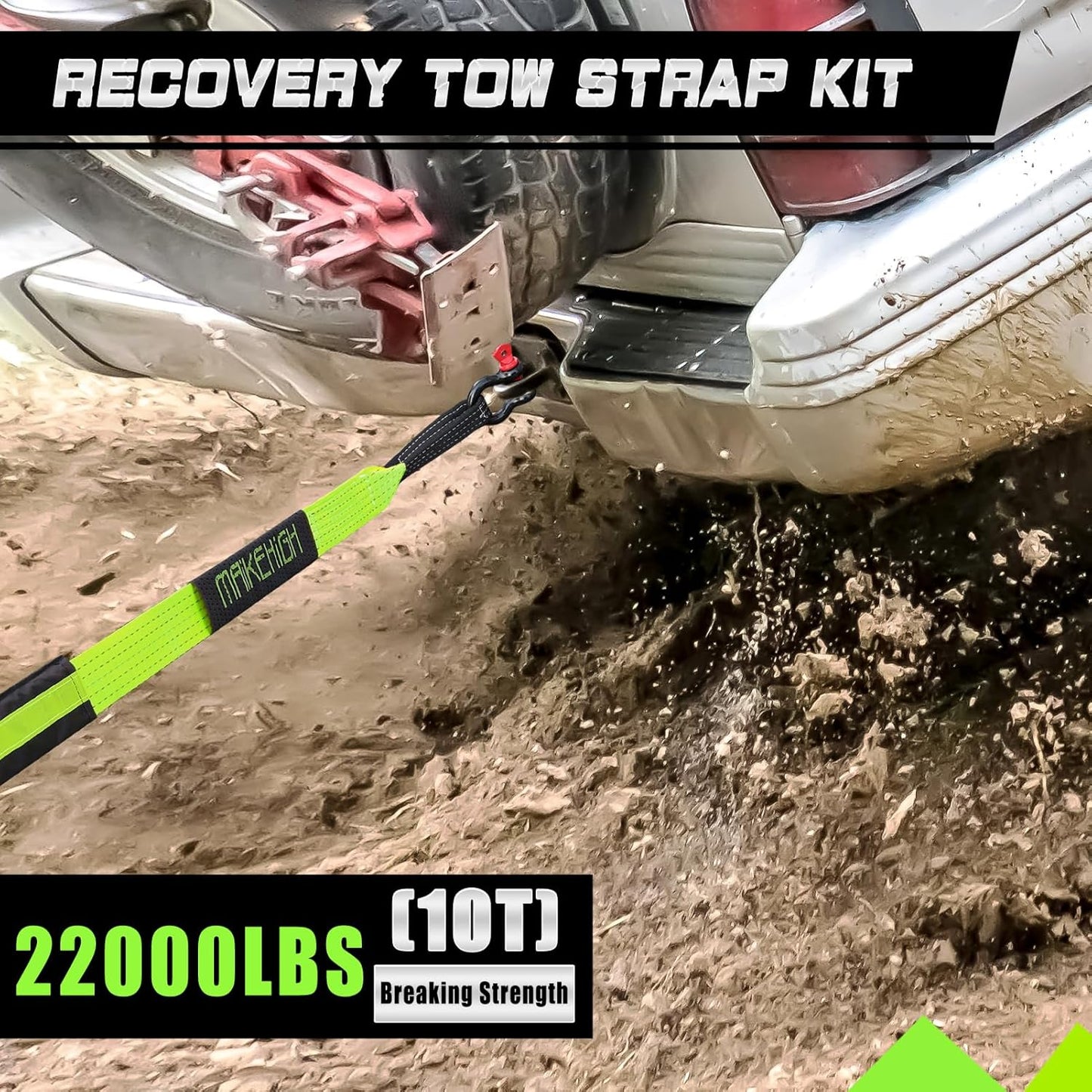 MAIKEHIGH Tow Strap Heavy Duty with Hooks, 2"×16ft (22,000Lbs) Recovery Strap with D-Ring Shackles (2pcs) + Protective Gloves (2pcs), Tow Rope for Car Truck SUV ATV (Green)