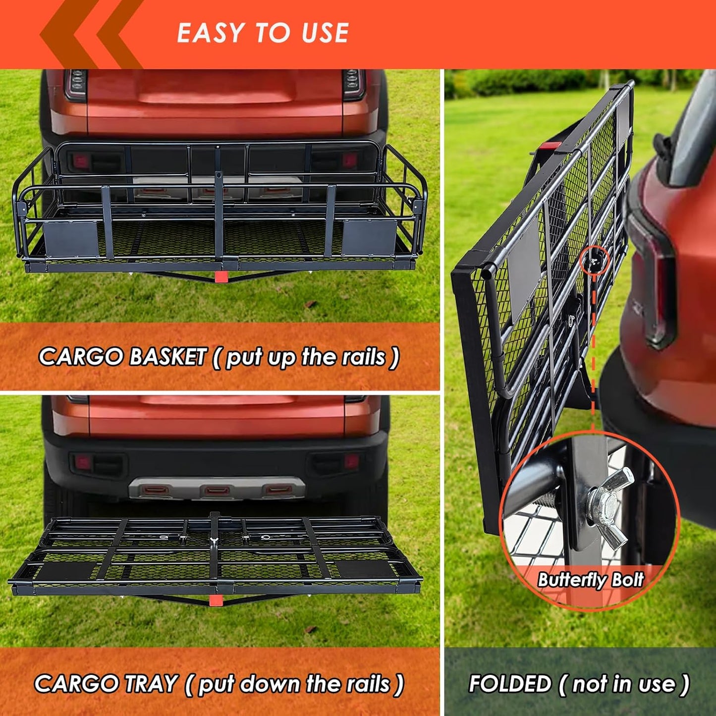 MeeFar High Rail Trailer Folding Hitch Mount Cargo Carrier Basket 60" X 24" X 14"+Waterproof Cargo Bag 20 cu ft(59" 24" 24"), Capacity of 500 Lbs with Hitch Stabilizer, Net, Lock and Straps