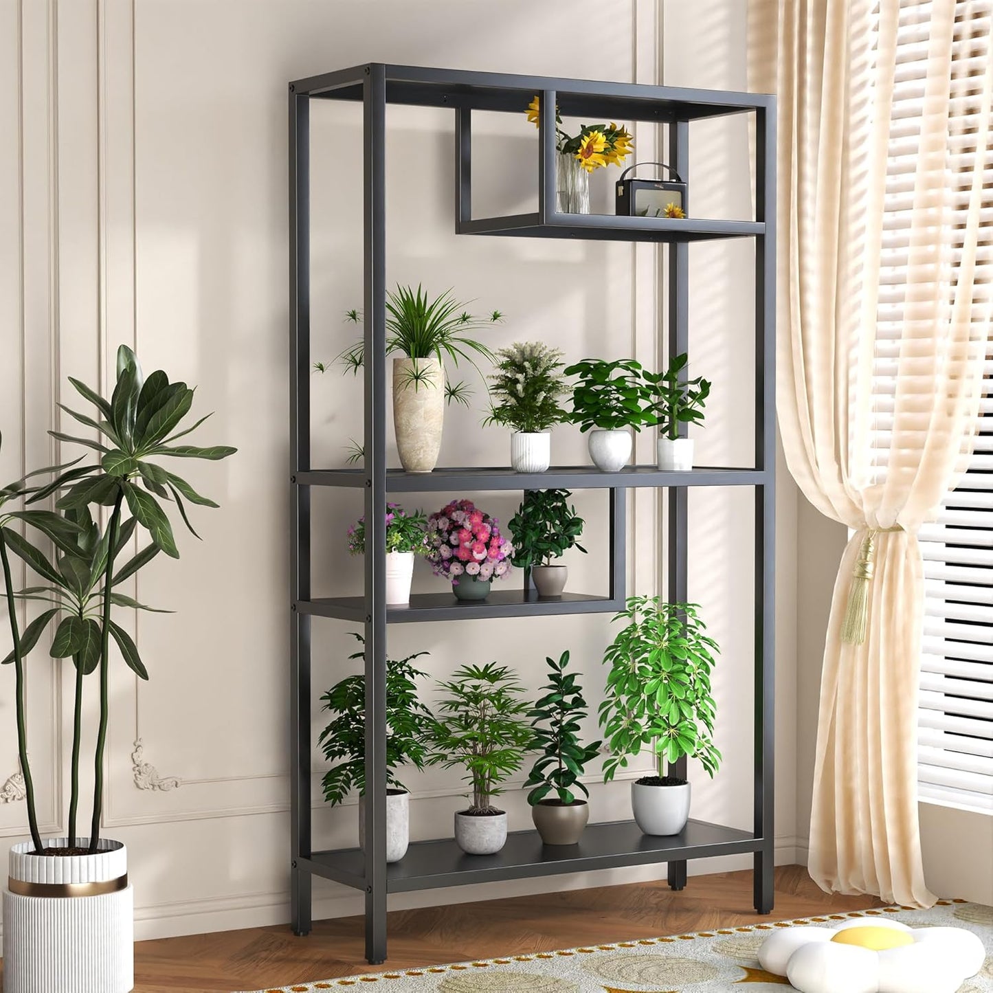 Metal Storage Shelving Unit, Decorative Geometric Bookcase, Modern Freestanding Display Shelves, Tall Book Shelf Unit for Living Room Bedroom Office, Easy Assembly
