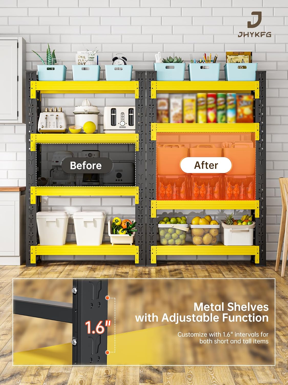 4-Tier Storage Shelves,79" H Heavy-Duty Garage Shelving Unit,Adjustable Industrial Metal Shelf System,3,200lbs Capacity,Tool Organizer for Garage,Workshop,32" W*20" D*79" H,Black&Yellow