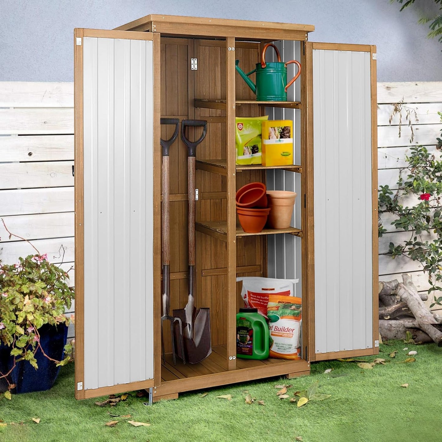 Outdoor Storage Cabinet Weatherproof,Wood & Metal Storage Shed with Adjustable Shelves & Lockable Doors,Vertical Outdoor Cabinets for Backyard Patio, Gardening Tools and Accessories,Brown