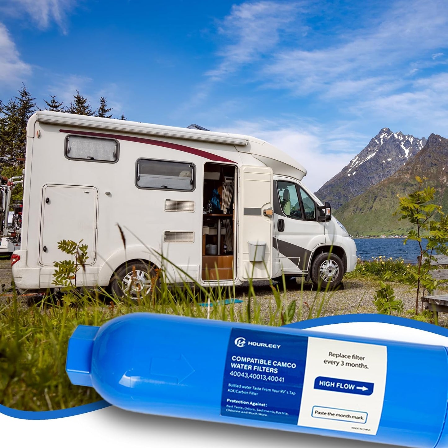 Hourleey 2 Pack RV Inline Water Filter with 2 Flexible Hose Protector, Reduce Bad Taste, Odors, Rust, Fluoride, Chlorine and Sediment in Drinking Water, Dedicated for RVs Campers Marines