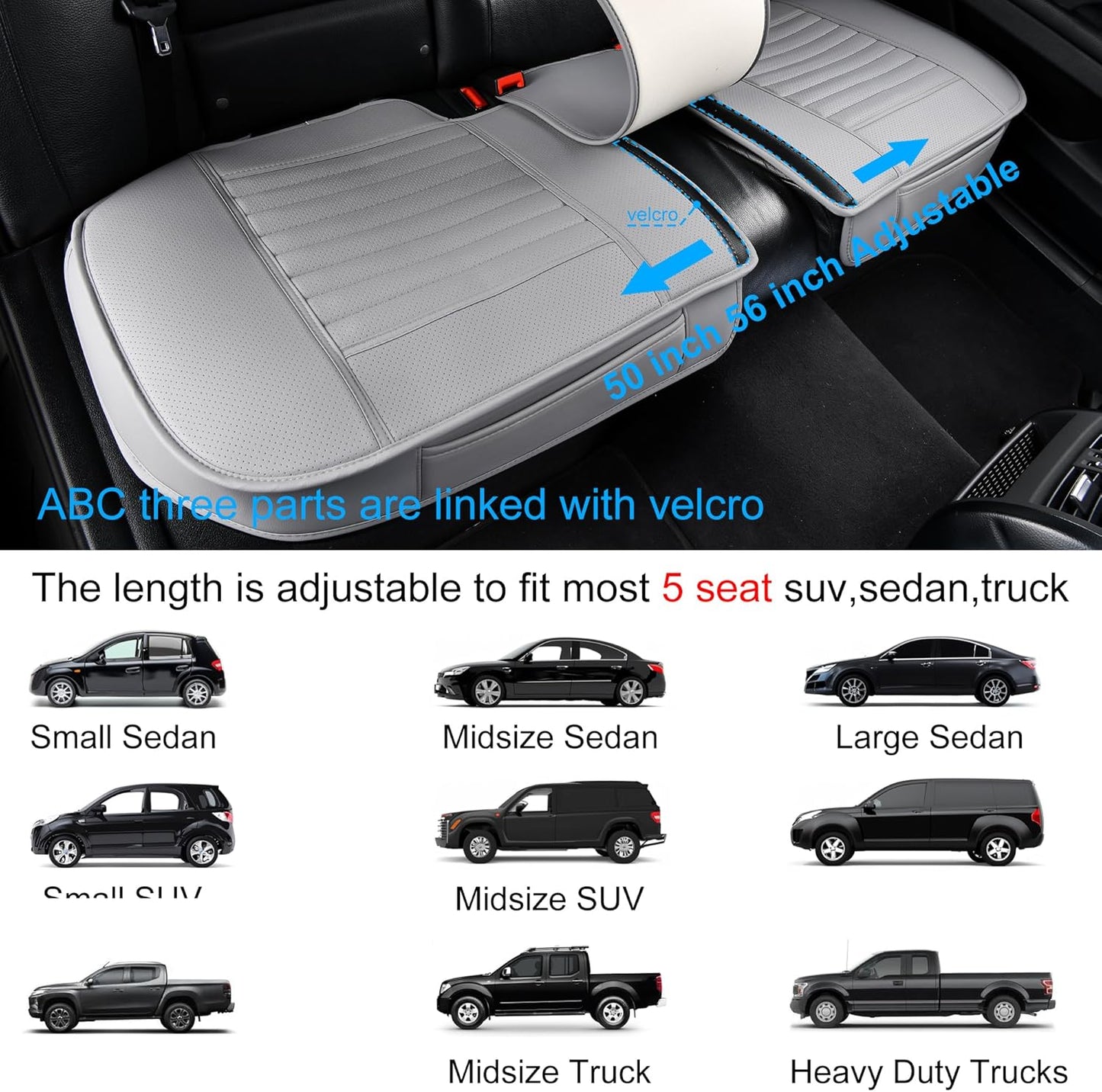 Back Seat Covers, Rear Seat Cushions, Auto Bench Protector with Breathable PU Leather and Non-Slip Bottom Universal for 4 Season (Gray, 61" x 20. 5")