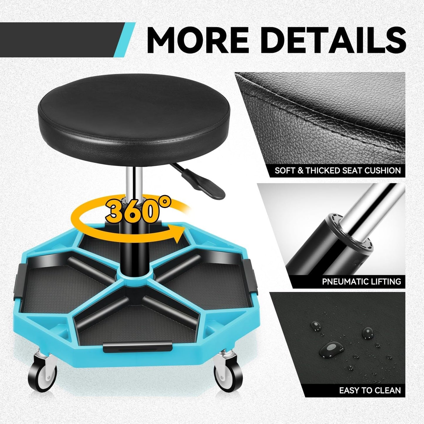 Auto Dynasty Mechanic Stool, Adjustable Rolling Pneumatic Creeper Garage Shop Seat with Tool Tray, 300 LBS Roller Seat for Workshop Auto Repair, Adjustable Height 15.7" to 21", Sky Blue