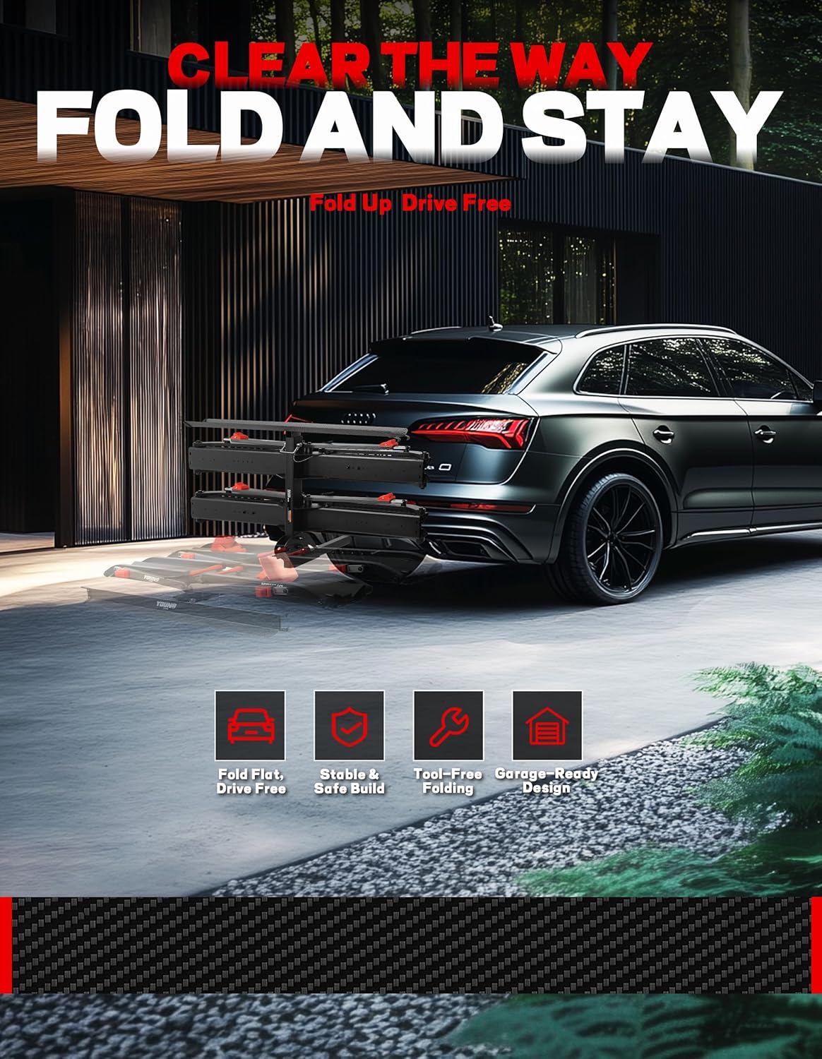 Young Heavy Duty Electric Bike Rack for Car SUV Truck RV, 2 Bike Hitch Mount Platform with Ramp, Fits Fat Tire up to 5", Foldable Ebike Carrier for Tow Hitch 2" Receiver, Scratch-Free, Quick Install