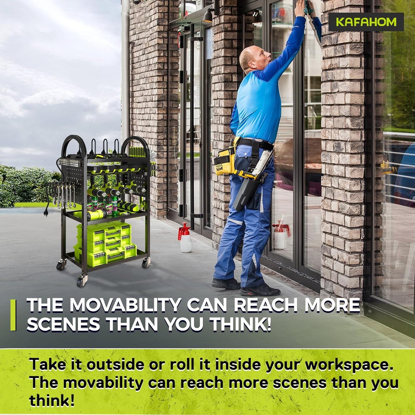 KAFAHOM Power Tool Organizer Cart with Charging Station,Garage Floor Rolling Storage on Wheels for Mechanic,Mobile 8 Drill Holder, Utility Cart with Battery Charging 8 Outlet Power Strip