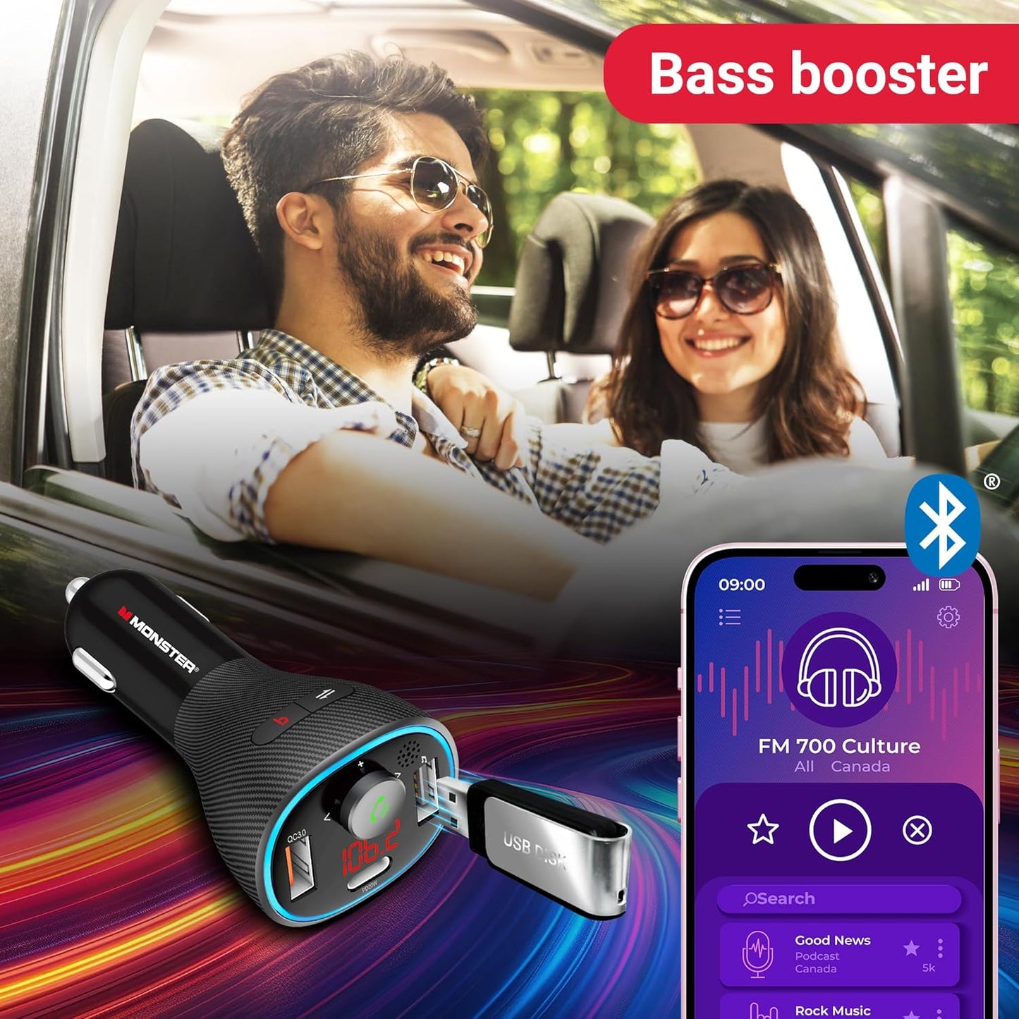 Monster Bluetooth FM Transmitter for Car Cigarette Lighter with 20W QC3.0 USB A & USB C PD Charger, Bass Boost Button, Flash Drive Port, Google Voice & Siri Compatible, Hands-Free Calls, Microphone