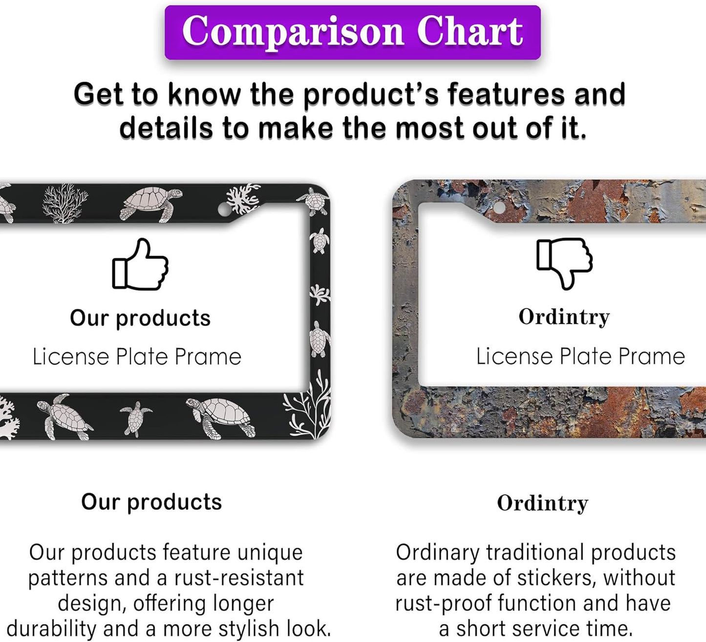 Automotive Exterior Accessories Black and White License Plate Frames Turtle Aluminum Metal Car Accessory 2 Pack with Screw Covers Set