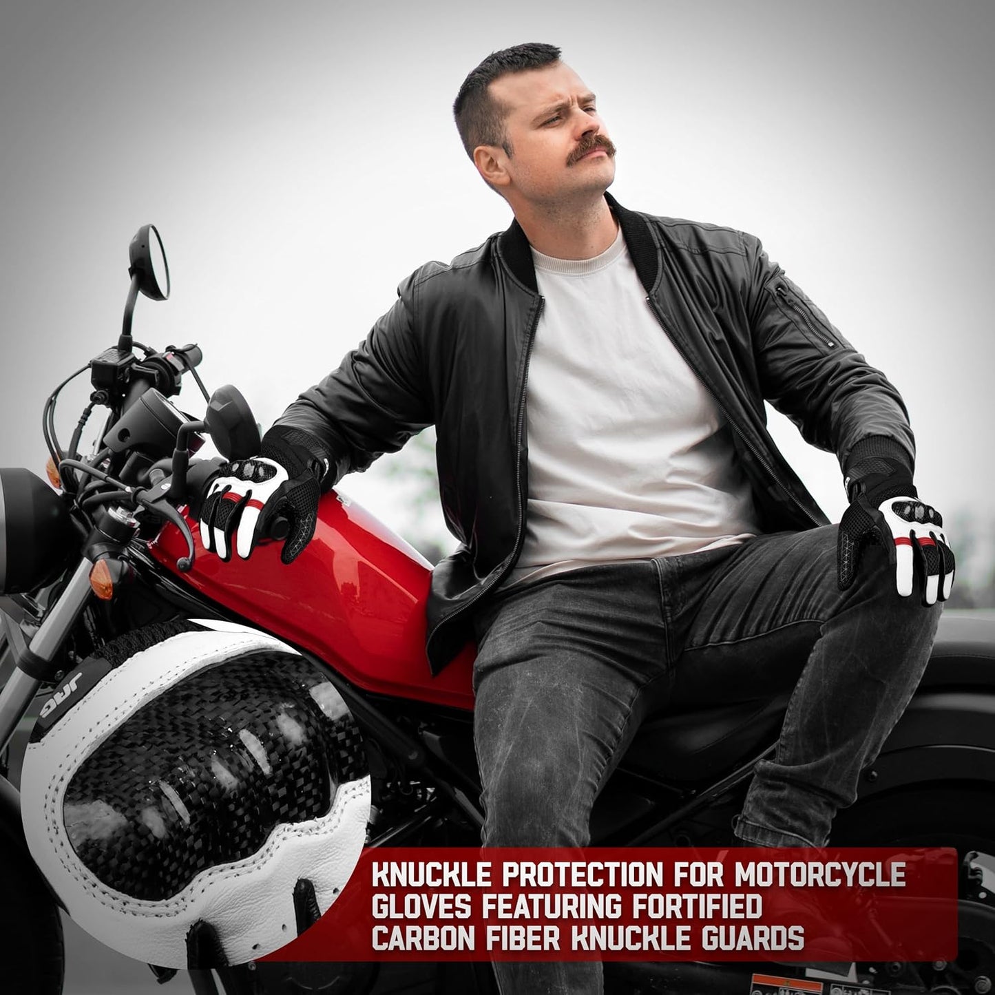 J.A.G. Leather Motorcycle Gloves for Men - Carbon Fiber Knuckle Protection, Motorbike Powersports, Dirt Bike, Touchscreen Gloves for Men and Women, Guantes para Moto.