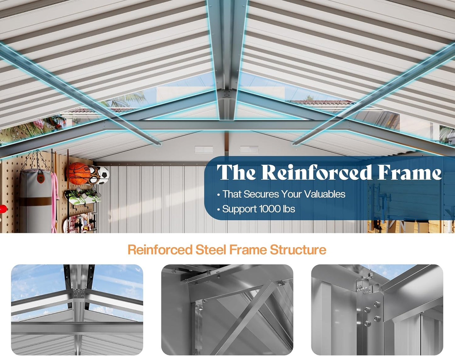 AMERLIFE 10.1x11.5x7.4 FT Galvanized Steel Storage Shed with Dual Transparent Panels, 2 4-Pane Windows & Hinged Double Doors, Outdoor Shed for Backyard, Patio, Garden, Dark Grey