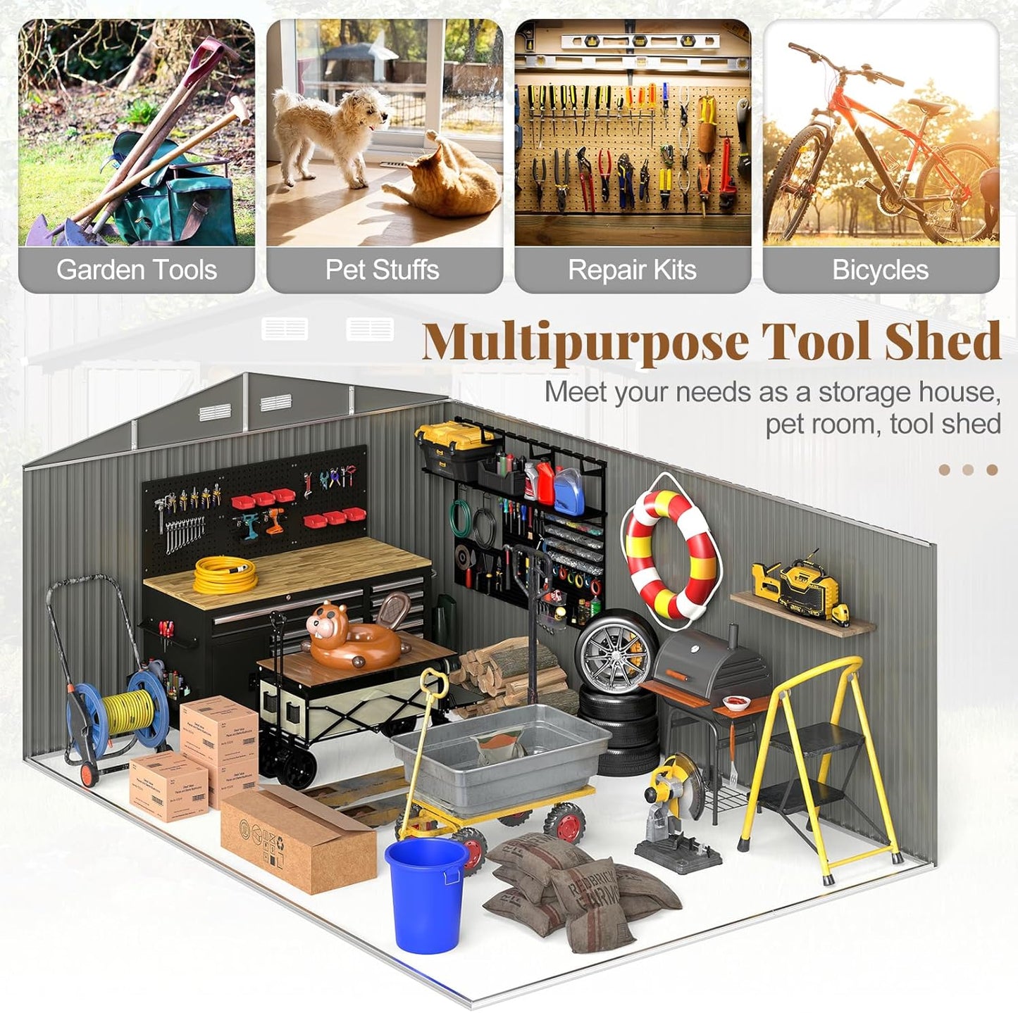 Goplus 10 x 14 FT Outdoor Storage Shed, Large Garden Tool House w/Improved Windproof Metal Structure, 4 Vents, Lockable Door, Waterproof Utility Tool Organizer for Backyard, Lawn, Patio