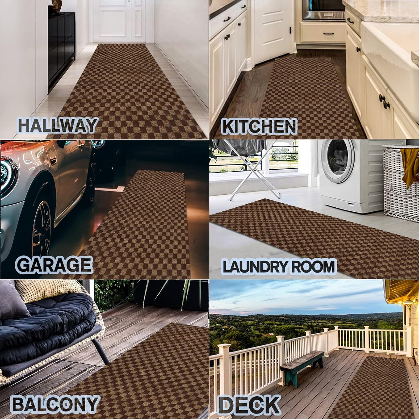 Custom Size Backed Non-Slip Area Rugs Runner, Easy Clean, Waterproof Runner Rugs for Hallway Entryway, Kitchen, Laundry, 4FT x 31FT, Brown Checkered