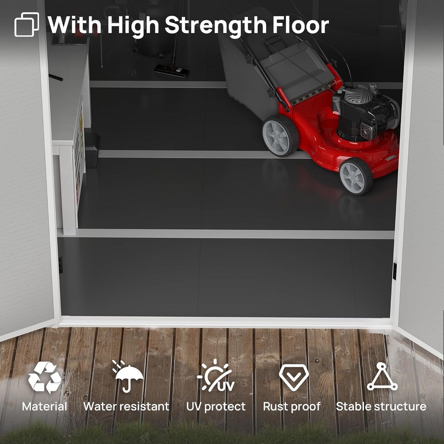 Resin Outdoor Storage Shed with Floor, 8x10.5 FT Plastic Garden Shed with Lockable Door & Window for Bike, Garbage Can, Lawn Mower, Grey White