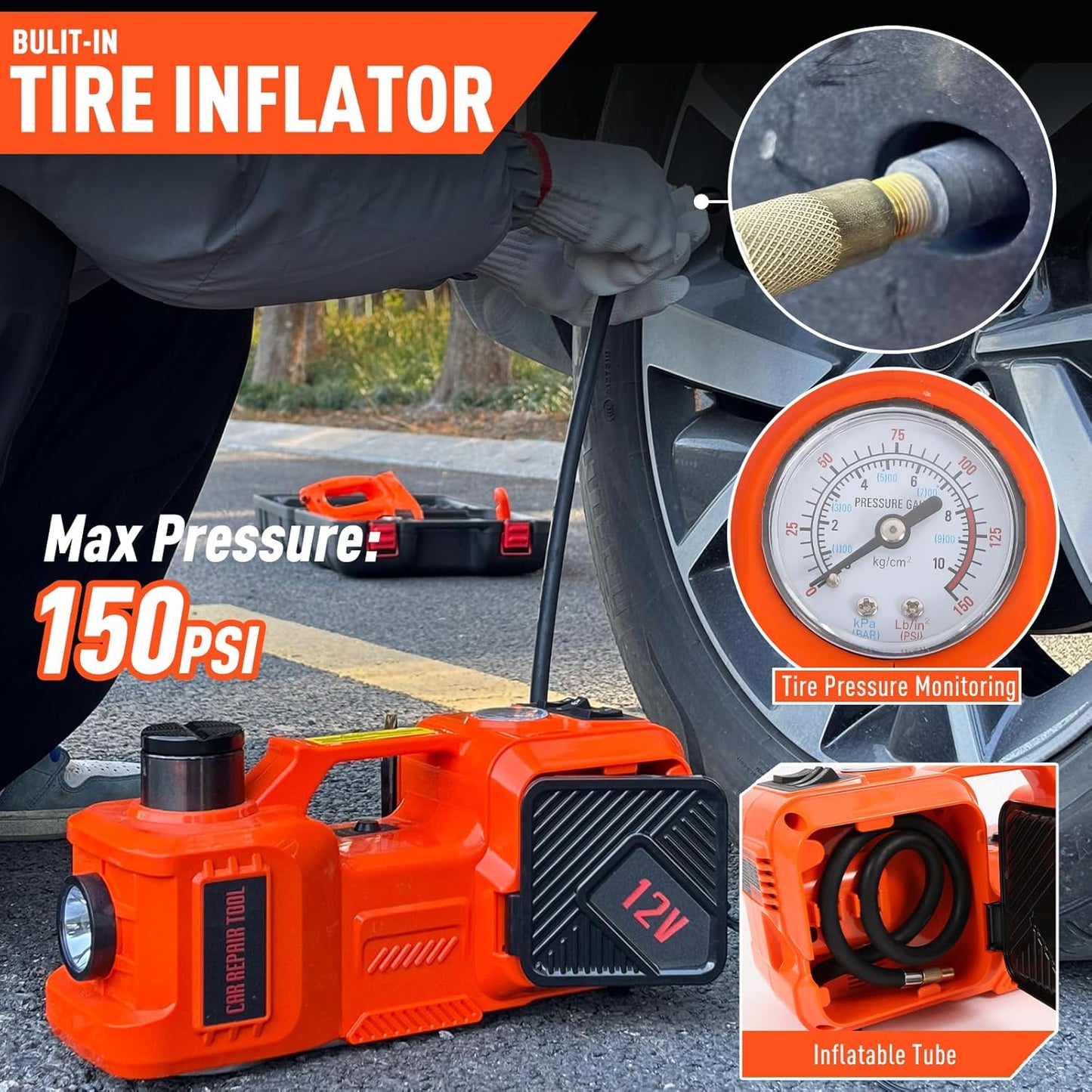 Electric Car Jack Set 5 Ton Hydraulic Jack Car Lift Floor Jack with Integrated Tire Pump and Impact Wrench for Sedans SUV MPV Sedan Truck Change Tires Garage Repair