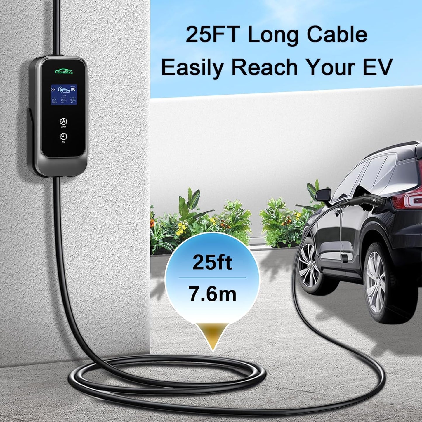 Level 2 EV Charger, 32A 240V Electric Car Charger for SAE-J1772 EVs, Indoor/Outdoor Portable EV Chargers with 25FT Cable, NEMA 14-50 Plug, Adjustable Current & Schedule Charging Time