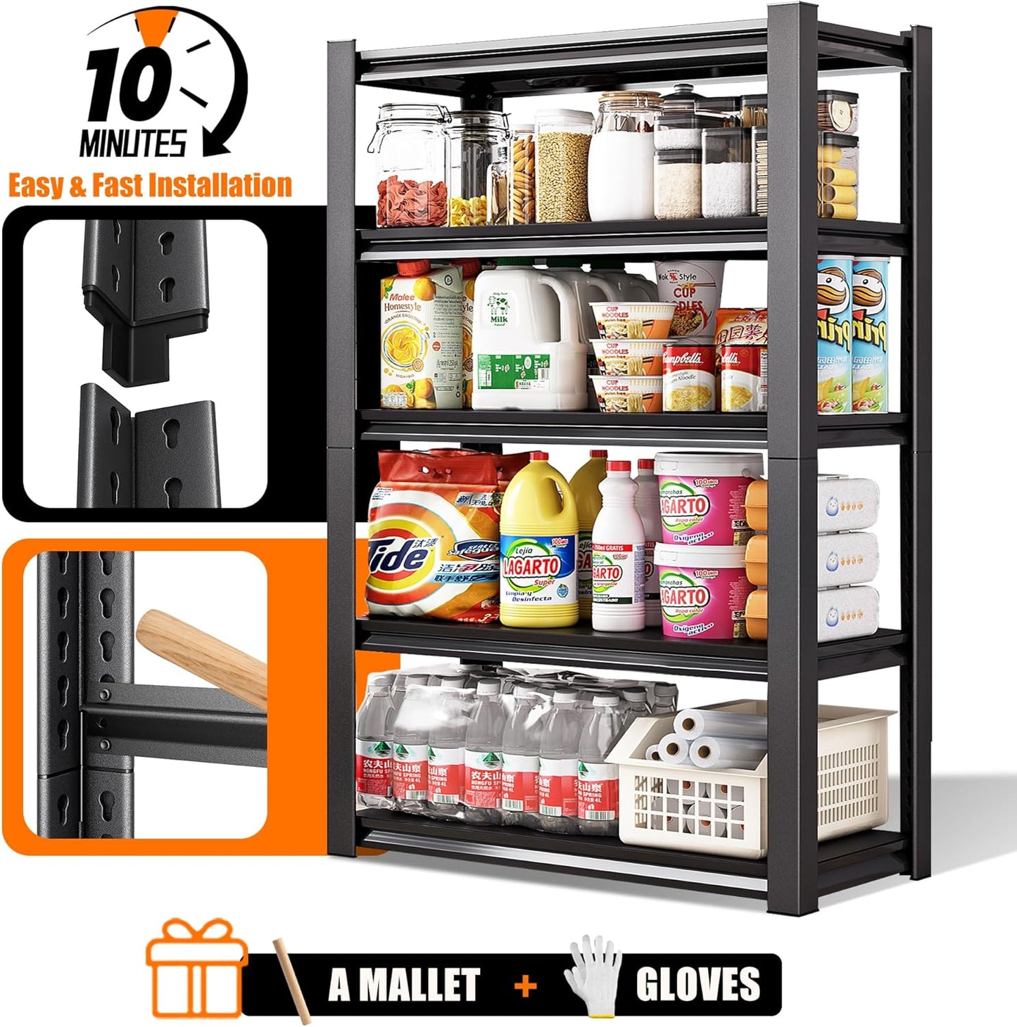 40in Wide Garage Shelving Heavy Duty,2500lbs Large Loads Adjustable Garage Storage Shelves,All Metal Storage Racks and Utility Rack Shelves, 40”W x 18”D x 72”H (Black)