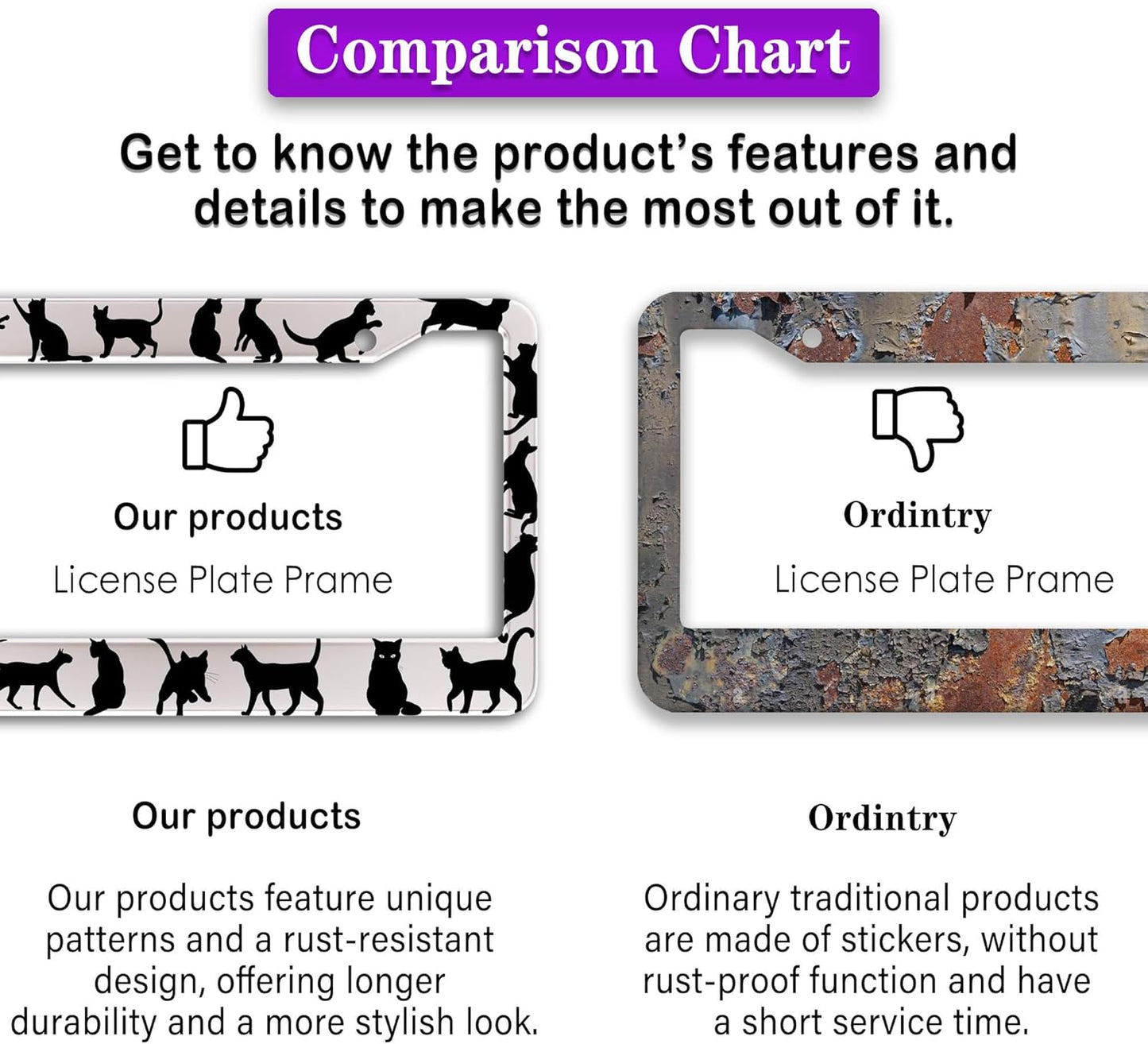 License Plate Frames for Women Black and White License Plate Frame for Men Black Cat Aluminum Metal Car Accessory 2 Pack with Screw Covers Set