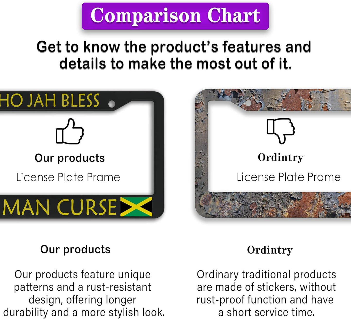 License Plate Holder Black, Yellow, Green License Plate Frames Who Jah Bless No Man Curse Aluminum Metal Car Accessory 2 Pack with Screw Covers Set