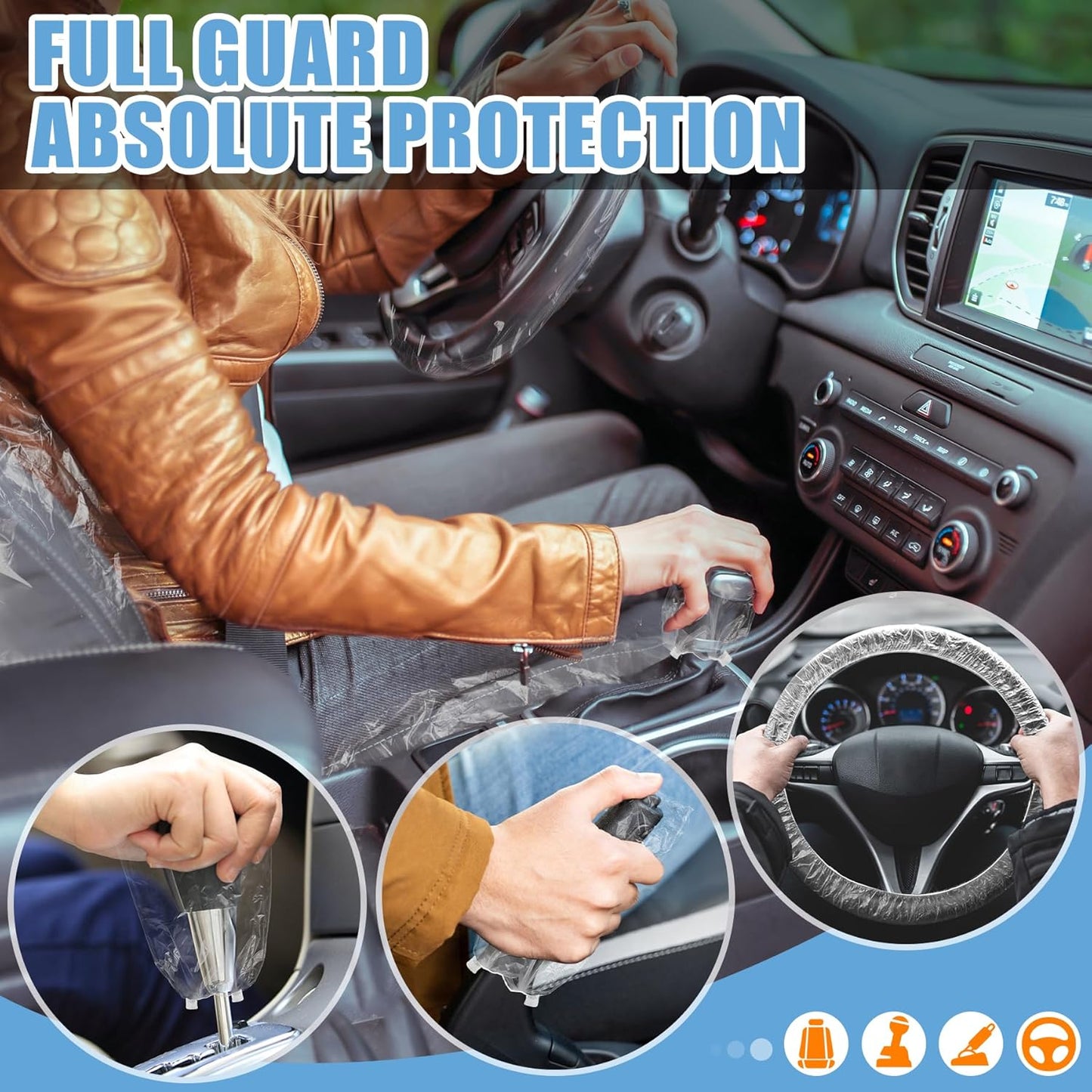 MYFAMIREA 250 PCS Disposable Car Seat Covers Clear Plastic Vehicle Seat Protector Set with Steering Wheel, Gear Shift and Handbrake Covers, Universal for Cars Auto Truck Bus Airplane