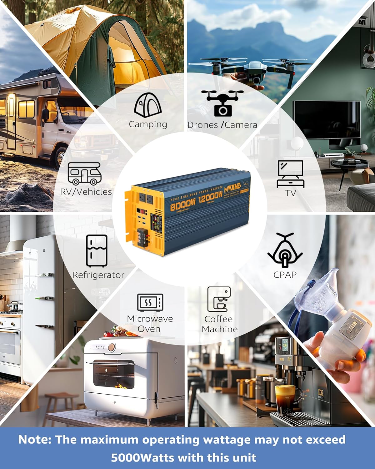 6000 Watt Power Inverter Pure Sine Wave 48V DC to 110V 120V Heavy Duty Inverter with Remote Control and LED Display, 4 USB/Type-C Ports & 2 AC Outlets Car Charger for Vehicles RV