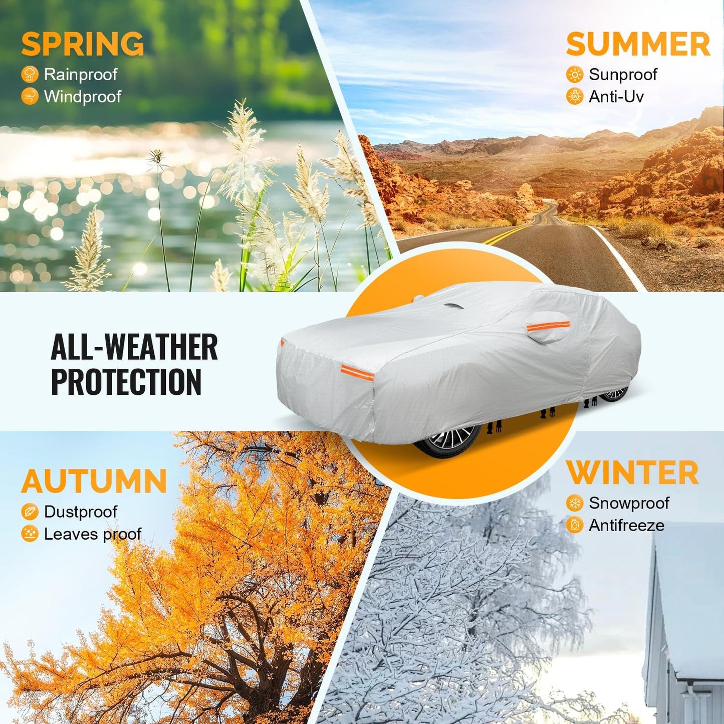 30 Layers Car Cover for Automobiles All Weather Waterproof, Outdoor Snowproof UV Protection Windproof, Door Zipper, Soft Cotton, Heavy Duty Universal Car Covers, (Silver, Fit Sedans 201"-210")