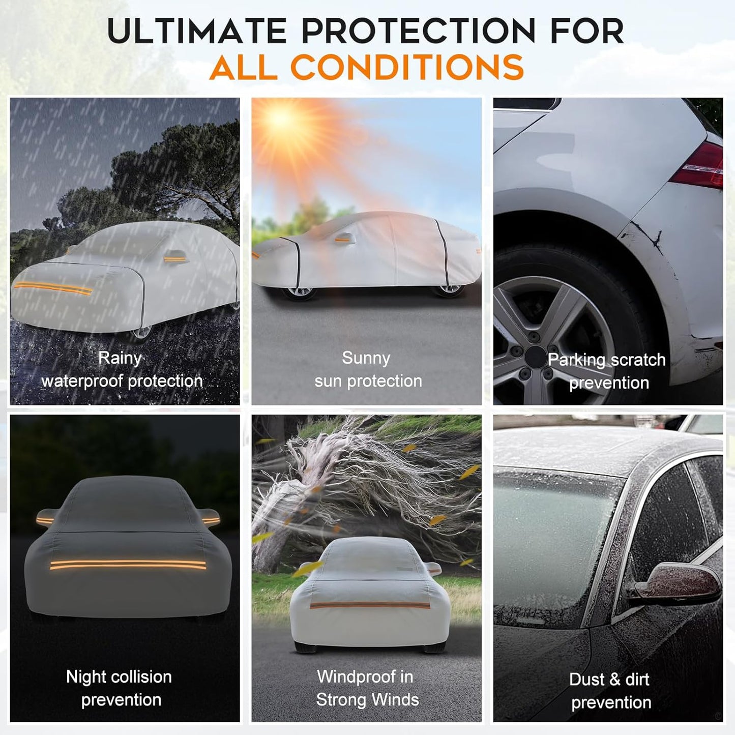Waterproof Hatchback Car Cover: 6-Layer Protection from Rain, Snow, UV & Dust - Universal Fit up to 169 inches with Zipper Door & Windproof Straps for Outdoor, Garage, Travel Use,Silver