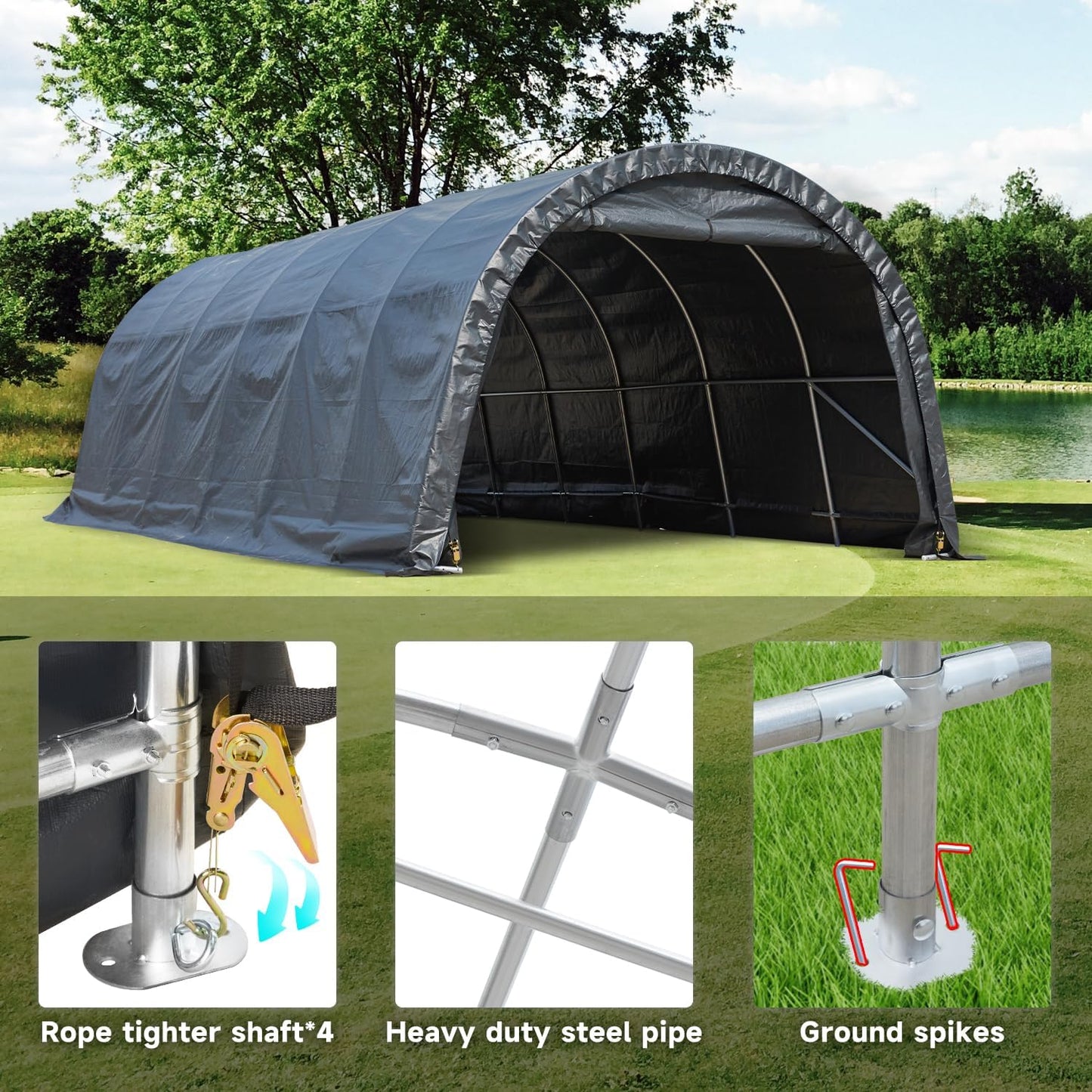 MELLCOM 12 x 24 FT Heavy Duty Carport, Portable Garage with Reinforced All-Steel Frame and Round Style Roof, Anti-Snow All Covered Car Canopy Outdoor Waterproof Storage Shelter for Car, Truck, Boat