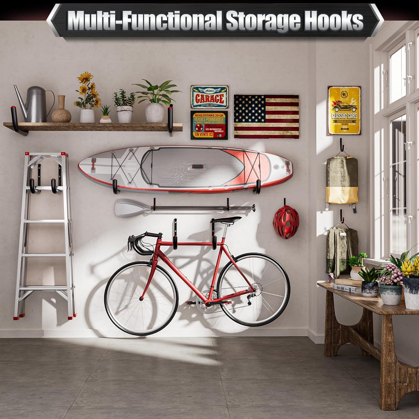 Nacial 12 Pack Garage Hooks Heavy Duty, 15" & 9.8" & 3.5" Kayak Storage Hook with EVA Pads, 100LBS Capacity Garage Hooks for Hanging Bikes, Kayak Folding Chairs and Hanging Ladders