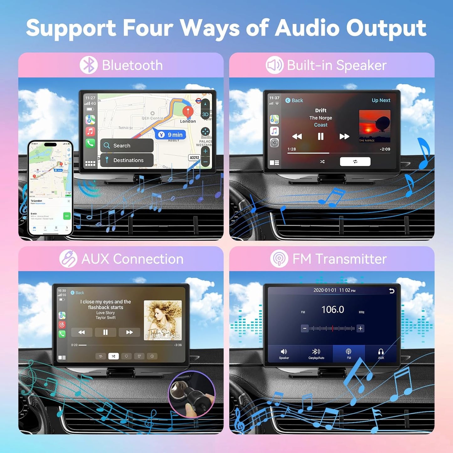 Wireless Carplay Screen for Car, 9" Android Auto Screen with 4K Dashcam, A-pple Carplay Screen for Car with 1080p Backup Camera, Mirror Link, TF Card, GPS Navigation, Bluetooth, AUX, FM, Voice Control