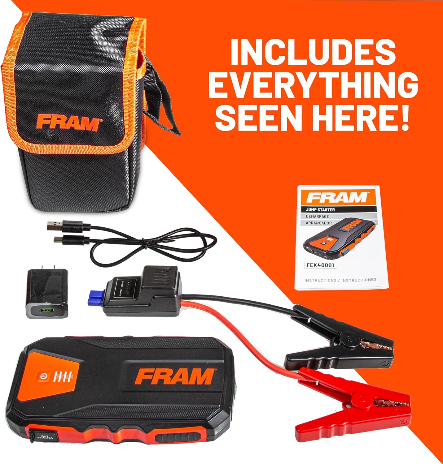 FRAM FEK40008 Car Battery Jump Starter 12000mAh (44.4Wh) Up to 5.0L Gas and 2.0L Diesel Engines, 12V Emergency Car Booster with Jumper Cables, Portable Power Bank and LED Flashlight