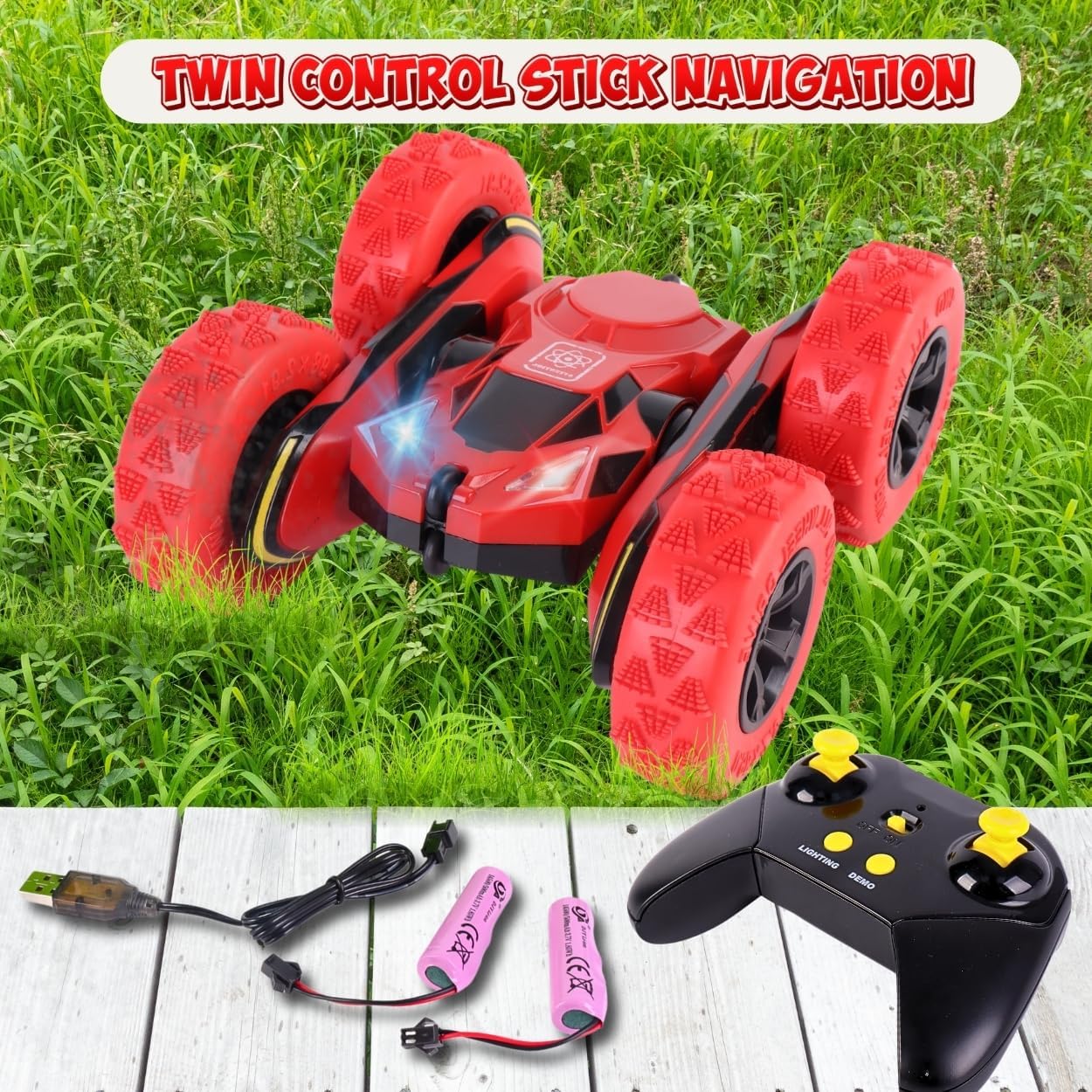 All-Round Drive Stunt RC Car - 360° Spins, High-Speed Off-Road with LED Headlights, 2 Rechargeable Batteries, AAA Remote Batteries, All-Terrain for Kids 6+ & Adults (Red)