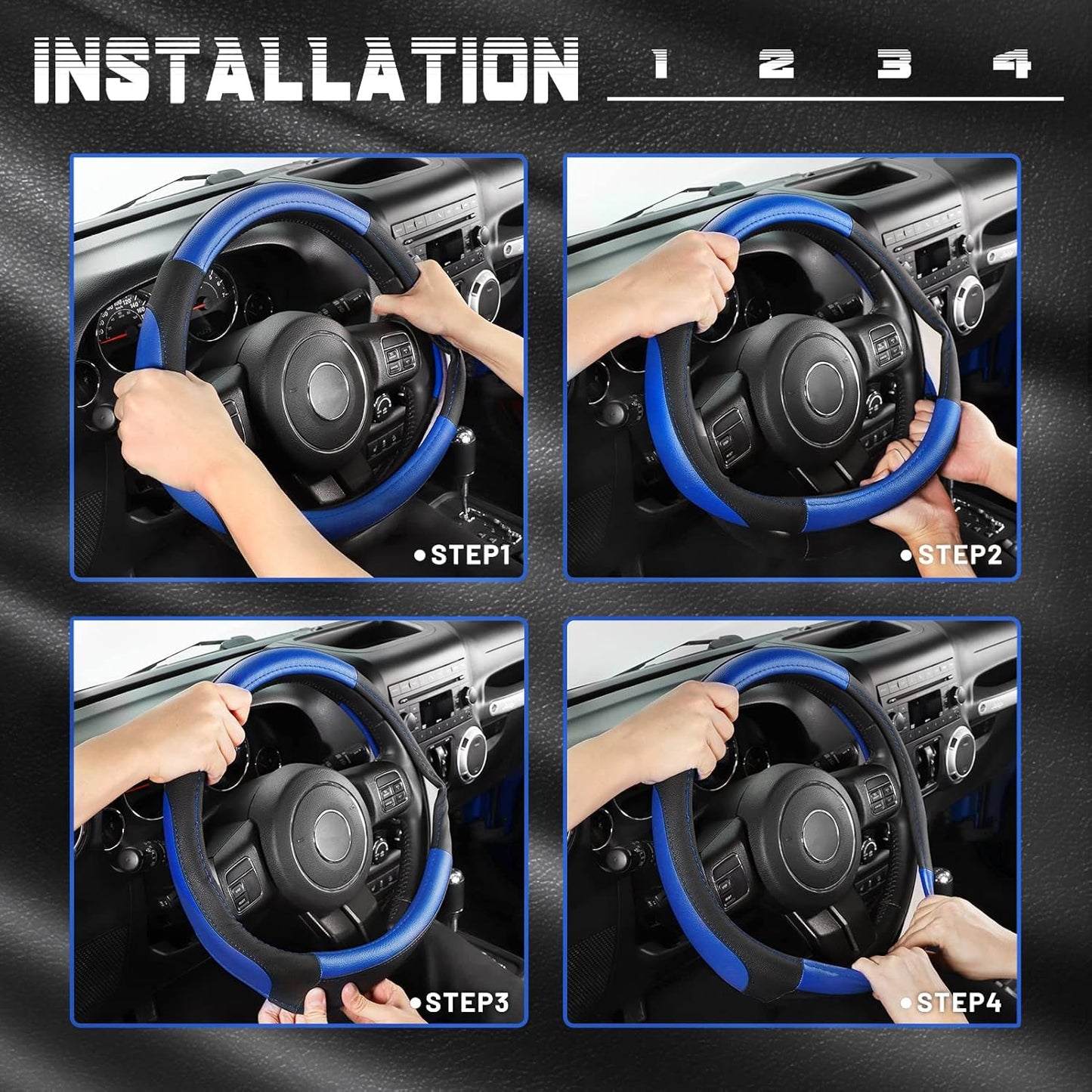 SEG Direct Car Steering Wheel Cover for F-150 Tundra Range Rover 15.5-16 inch, Black and Blue Microfiber Leather