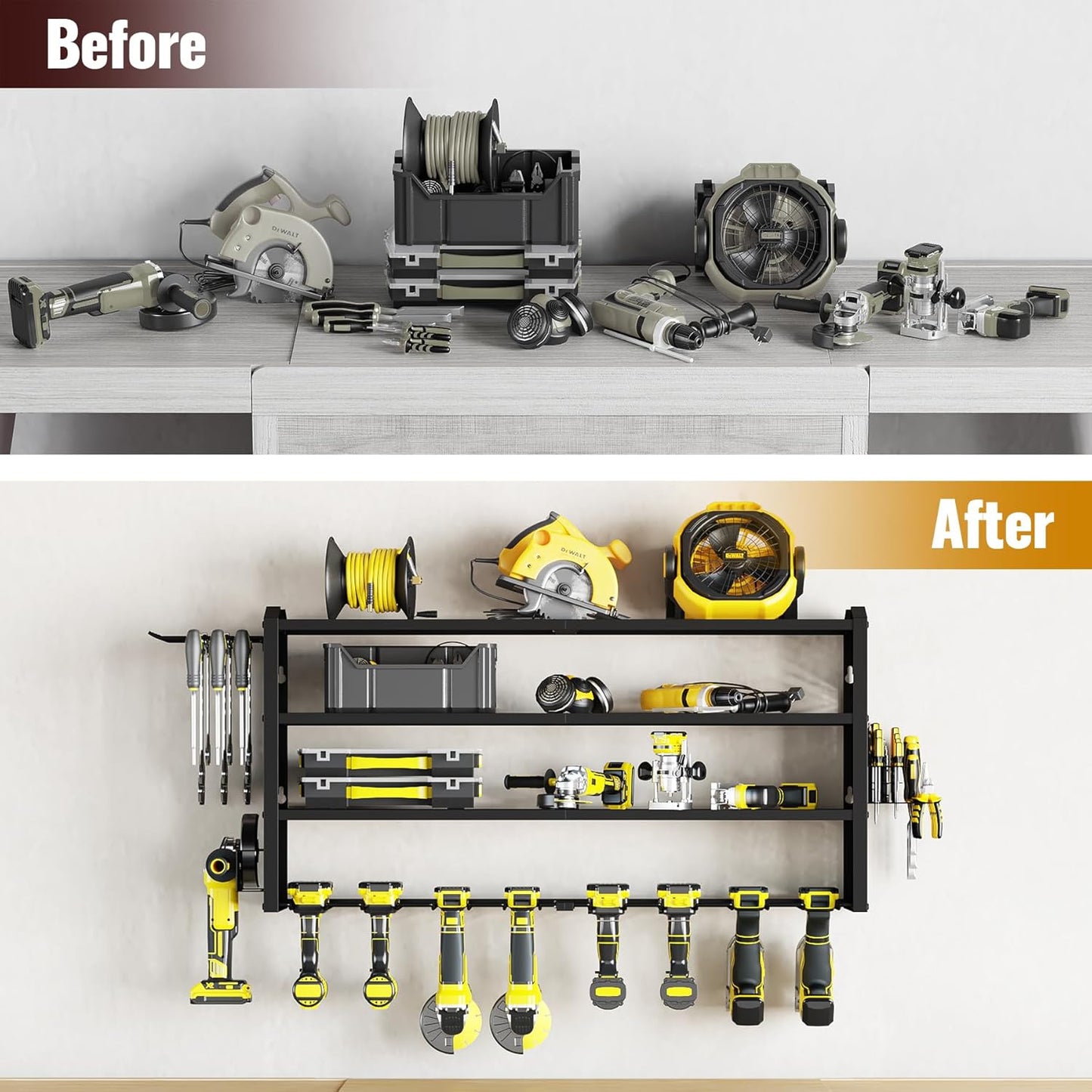 Tomorotec Wall-Mounted Power Tool Storage Rack for Drill, Toolbox & Accessories, Heavy-Duty Steel Organizer with Side Hooks and Adjustable Shelves, Easy Installation Garage & Workshop Storage (Black)