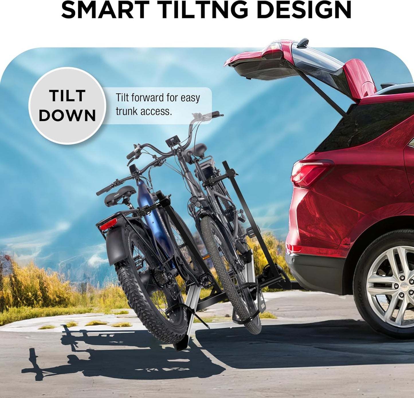 Rockland Foldable 2-Ebike Rack, 200 lbs Capacity, Hitch Mount Electric Bike Rack, Fits up to 5" Fat Tire Width and 50" Wheelbase, Ebike Carrier Rack for 2" Receiver for Cars SUVs Vans RVs