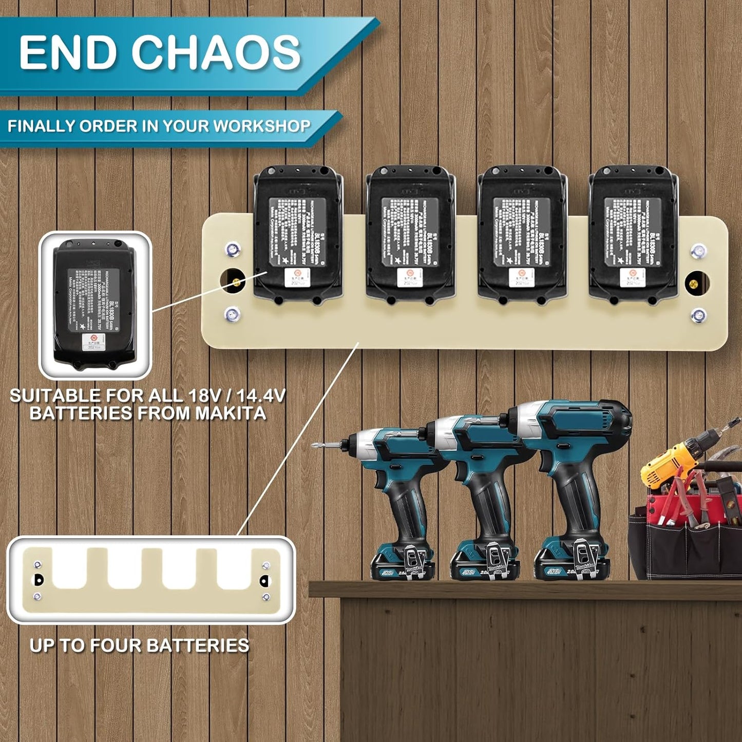 FETESNICE Battery Holder Wall Mount for Makita,4-Slot Battery Storage Rack Compatible with Makita 14.4/18V Batteries BL1815N BL1820B BL1830B BL1840B BL1850B BL1860B BL1415NBL1830B BL1450