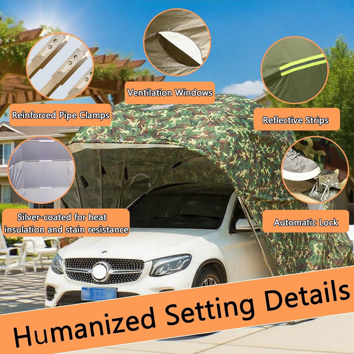 Car Port Portable Storage Shed Carport Canopy Carports Metal Carport Round Style Outdoor Storage Shed Lockable for Automotive Use Anti-Snow Waterproof(Camouflage)