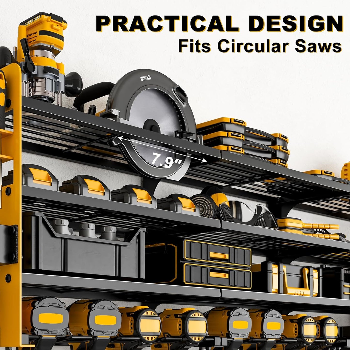 12 Cordless Drill Holder Large Power Tool Organizer Wall Mount with Side Pegboard & Screwdriver Holder, 4-Tier Heavy Duty Metal Tool Storage Rack with 4-Outlet Power Strip