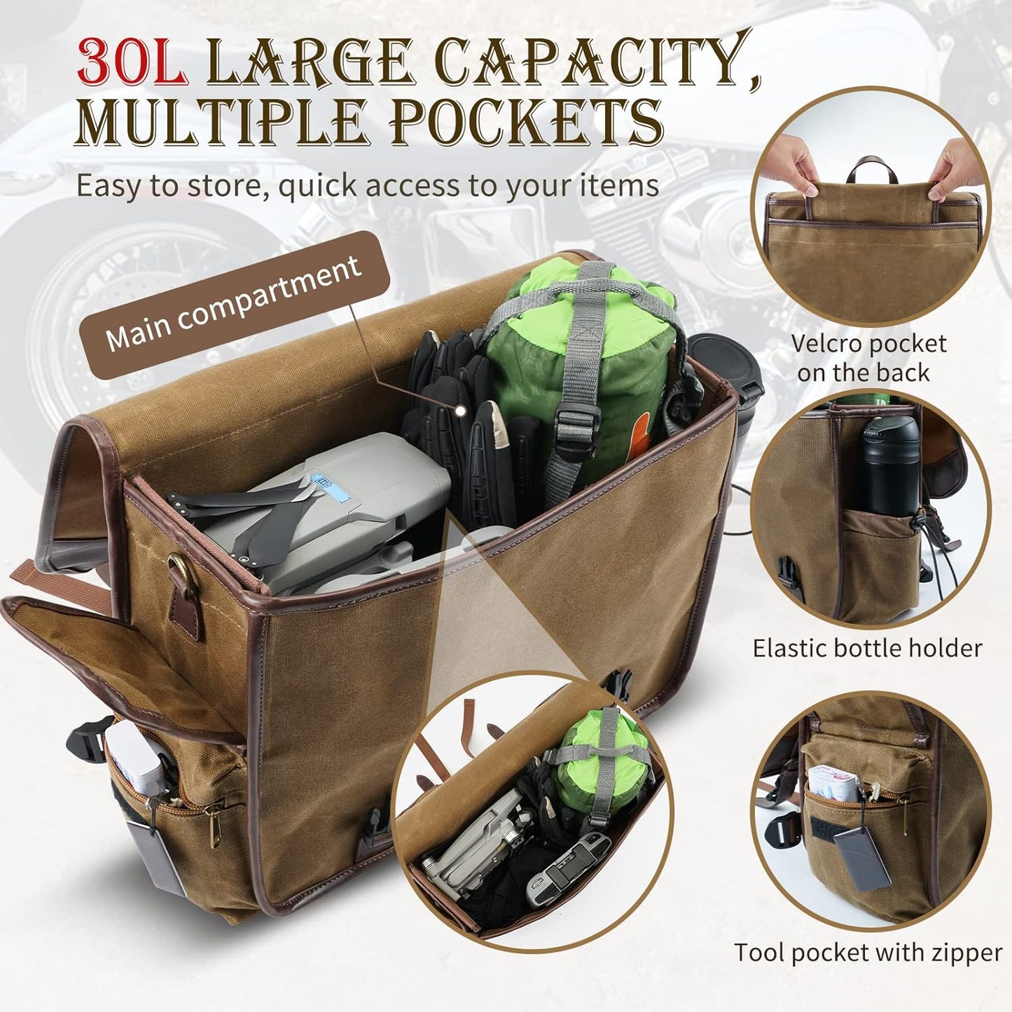 NICECNC Motorcycle Saddle Bags, Vintage Oil Waxed Canvas Motorcycle Saddlebags, Motorcycle Panniers Side Throw Over Saddle Bags Compatible with Harley Honda Suzuki Yamaha Adventure Street Glide Brown