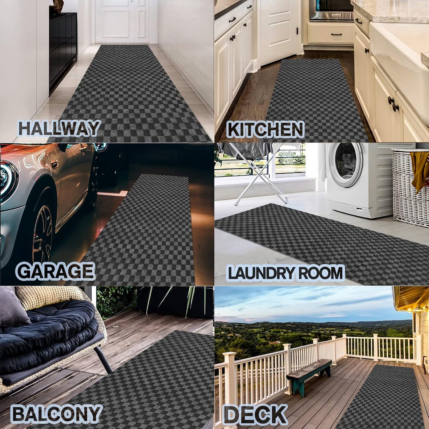 Custom Size Backed Non-Slip Area Rugs Runner, Easy Clean, Waterproof Runner Rugs for Hallway Entryway, Kitchen, Laundry, 2FT x 29FT, Gray Checkered