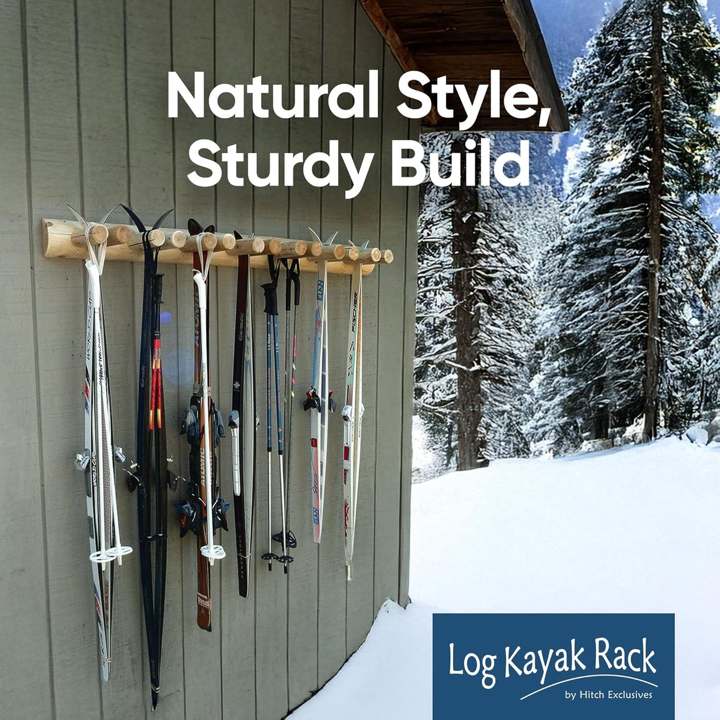 14-Place Log Ski Rack Wall Mount, Indoor Ski Storage Rack for Garage Organizers, Wooden Skis Wall Mount Storage Racks, Pole Skis Sports Racks, Garage Organization Walls - Unfinished