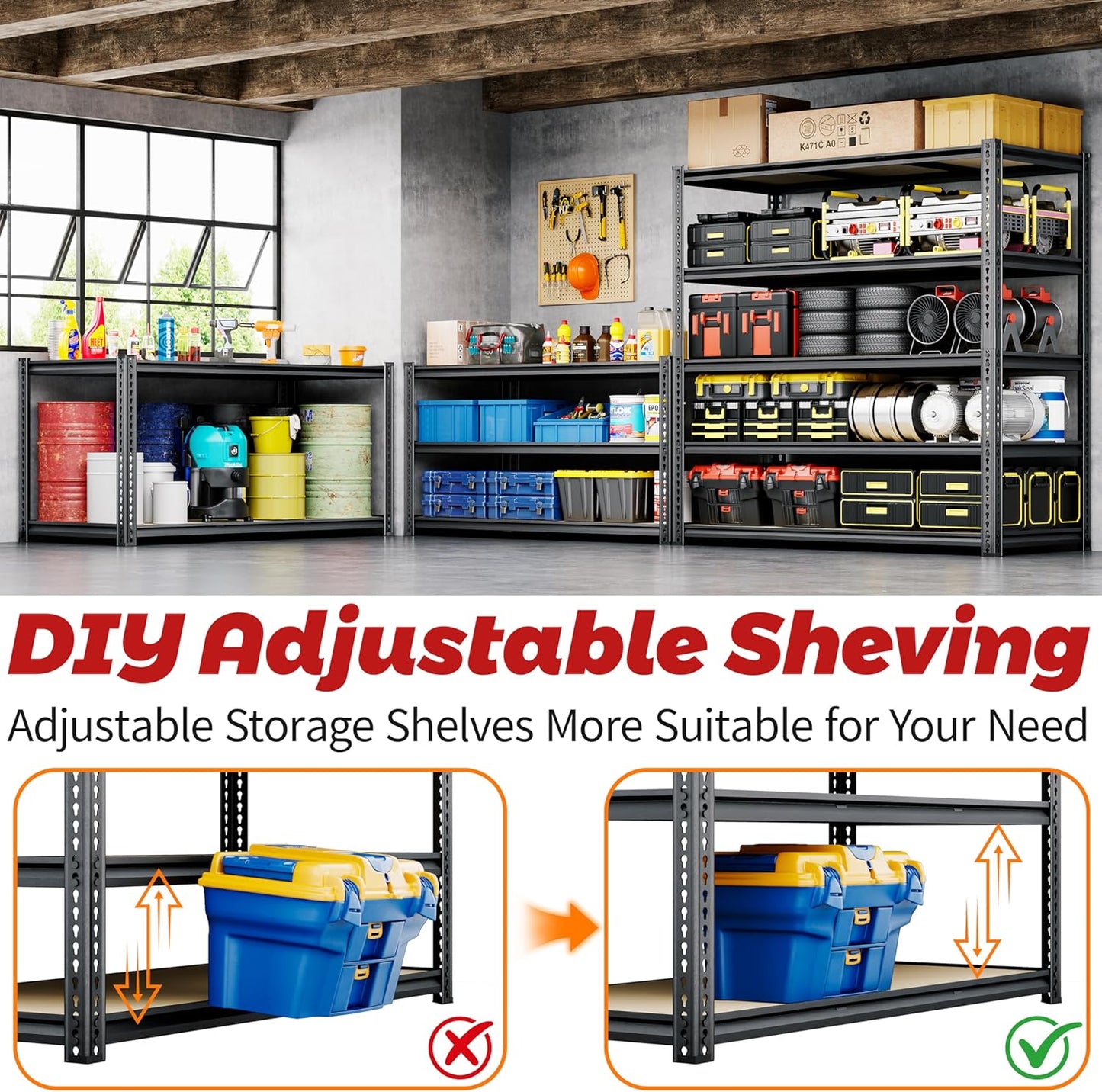 48"W Garage Shelving, 2650LBS Storage Shelves heavy duty, 5 Tier Metal Shelving Unit Adjustable Garage Shelves Heavy Duty Shelving for Warehouse,Commercial, Kitchen, 48" W × 24" D × 72" H, Black,2PCS