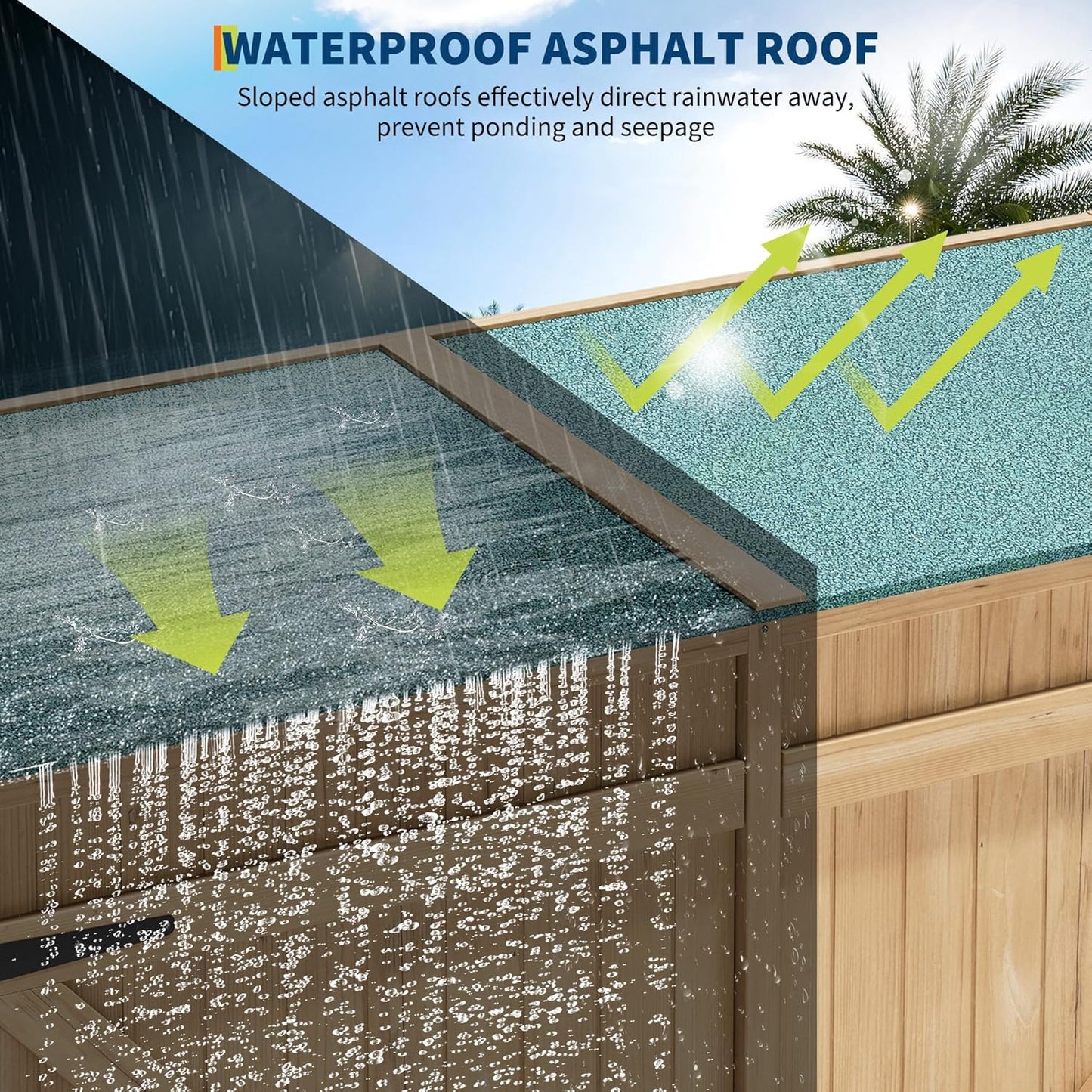 Wooden Outdoor Storage Cabinet, 64" Vertical Tall Garden Tool Shed with Waterproof Sloped Roof, Lockable Double Doors, Removable Shelves, Utility Tool Organizer for Patio, Backyard, Lawn Equipment