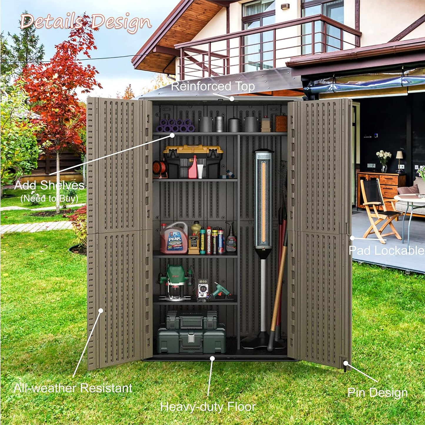 Sheds & Outdoor Storage, 52 Cu.ft Vertical Storage with Floor, Cabinet Waterproof for Garage Pool Bike Shed, Garden , Coffee Brown