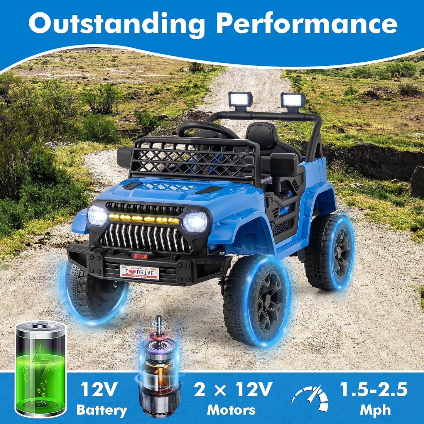 Costzon Kids Ride On Truck, 12V Battery Powered Electric Vehicles w/Remote Control, Spring Suspensions, 3 Speeds, Music, Lights, Wireless Connection, Ride on Car for Boys & Girls 3+ (Navy Blue)